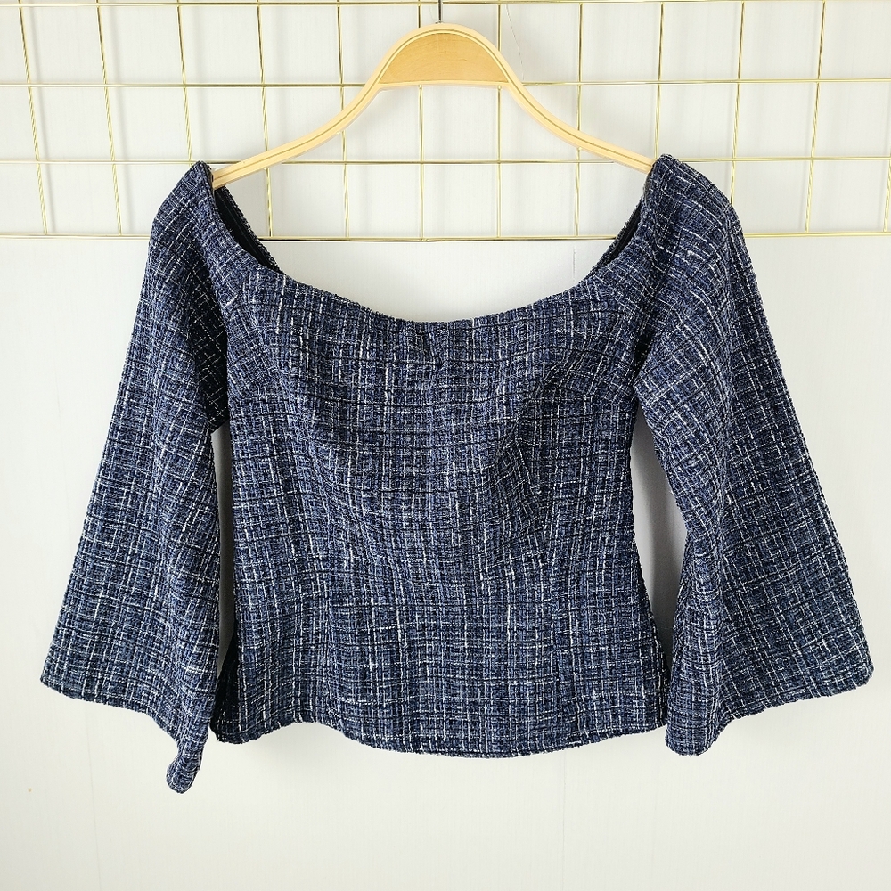 Zara Navy Blue Tweed Off The Shoulder Top - Picture 2 of 10